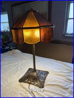 Vintage Brass Color Cast Iron Slag Glass Table Lamp Brown Amber Working
