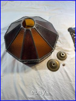 Vintage Brass Color Cast Iron Slag Glass Table Lamp Brown Amber Working