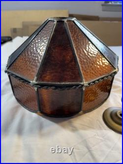 Vintage Brass Color Cast Iron Slag Glass Table Lamp Brown Amber Working