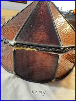 Vintage Brass Color Cast Iron Slag Glass Table Lamp Brown Amber Working