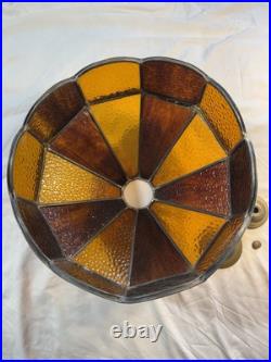 Vintage Brass Color Cast Iron Slag Glass Table Lamp Brown Amber Working