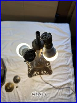 Vintage Brass Color Cast Iron Slag Glass Table Lamp Brown Amber Working