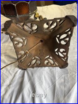 Vintage Brass Color Cast Iron Slag Glass Table Lamp Brown Amber Working
