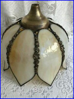 Vintage Brass Filigree Tiffany Style Slag Stained Glass Tulip Lamp Shade #1