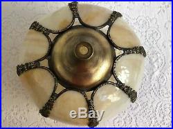 Vintage Brass Filigree Tiffany Style Slag Stained Glass Tulip Lamp Shade #1