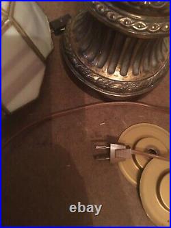Vintage Brass Metal Cherub Double Bulb Table Lamp With Slag Glass Shade