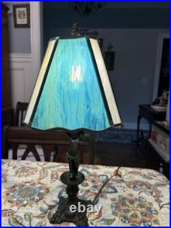 Vintage Bronze Lamp With Slag Glass Shade & Child As Base Blue/ Green Glass Shade
