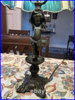 Vintage Bronze Lamp With Slag Glass Shade & Child As Base Blue/ Green Glass Shade