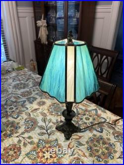 Vintage Bronze Lamp With Slag Glass Shade & Child As Base Blue/ Green Glass Shade