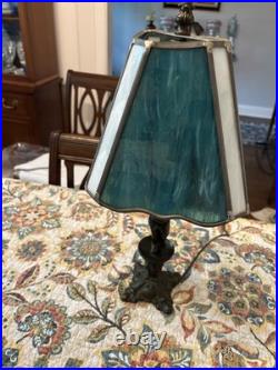 Vintage Bronze Lamp With Slag Glass Shade & Child As Base Blue/ Green Glass Shade Vintage Bronze Lamp With Slag Glass Shade & Child As Base Blue/ Green Glass Shade