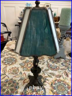 Vintage Bronze Lamp With Slag Glass Shade & Child As Base Blue/ Green Glass Shade