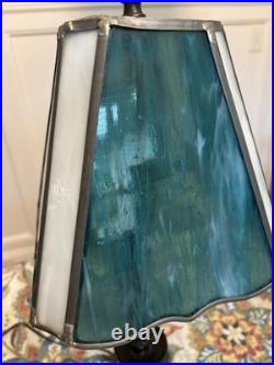 Vintage Bronze Lamp With Slag Glass Shade & Child As Base Blue/ Green Glass Shade