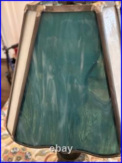 Vintage Bronze Lamp With Slag Glass Shade & Child As Base Blue/ Green Glass Shade