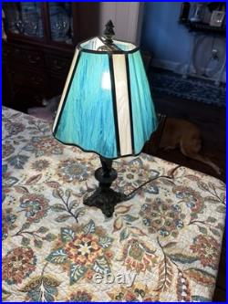 Vintage Bronze Lamp With Slag Glass Shade & Child As Base Blue/ Green Glass Shade Vintage Bronze Lamp With Slag Glass Shade & Child As Base Blue/ Green Glass Shade