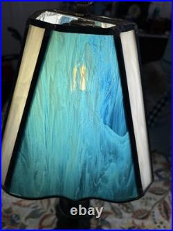 Vintage Bronze Lamp With Slag Glass Shade & Child As Base Blue/ Green Glass Shade
