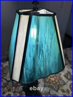 Vintage Bronze Lamp With Slag Glass Shade & Child As Base Blue/ Green Glass Shade