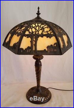 Vintage Bronze finish Lamp, 6 Panel Caramel Slag Glass Shade, House & Trees Motif