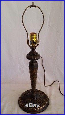 Vintage Bronze finish Lamp, 6 Panel Caramel Slag Glass Shade, House & Trees Motif