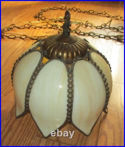 Vintage Caramel Slag Glass 8 Panel Tulip Lamp Hanging Light with Chain
