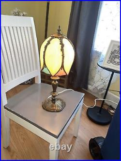 Vintage Caramel Slag Glass Tulip Boudoir Table Lamp-Lily Pad Base-NICE! -L@@K