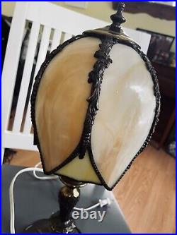Vintage Caramel Slag Glass Tulip Boudoir Table Lamp-Lily Pad Base-NICE! -L@@K