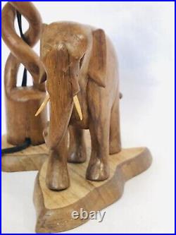 Vintage Carved Wood Elephant Open Barely Twist Lamp Slag Glass Shade