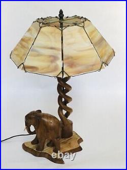 Vintage Carved Wood Elephant Open Barely Twist Lamp Slag Glass Shade