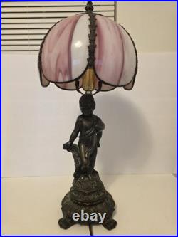 Vintage Cherub Table Lamp Pink Slag Glass Style Shade Hollywood Reg Art Nouveau