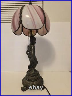 Vintage Cherub Table Lamp Pink Slag Glass Style Shade Hollywood Reg Art Nouveau