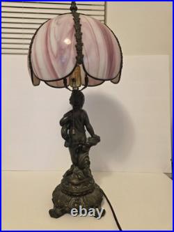 Vintage Cherub Table Lamp Pink Slag Glass Style Shade Hollywood Reg Art Nouveau