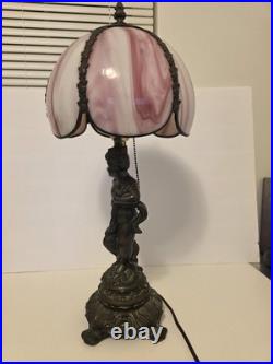 Vintage Cherub Table Lamp Pink Slag Glass Style Shade Hollywood Reg Art Nouveau Vintage Cherub Table Lamp Pink Slag Glass Style Shade Hollywood Reg Art Nouveau