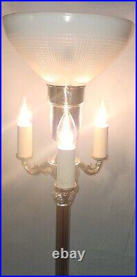 Vintage Chrome Mogul Torchiere Candelabra Floor Lamp Slag Glass Light up Base