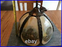 Vintage Currier & Ives Slag Glass Hanging Lamp New England Four Seasons