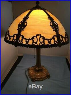 Vintage Curved Caramel Slag Glass 6 Panel Art Nouveau Design Lamp 22 Tall