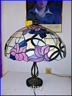 Vintage Dale Tiffany LARGE Stained Slag Glass Lamp Pink Lavender blue 24 x 20