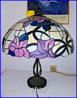 Vintage Dale Tiffany Stained Slag Glass Lamp Pink Lavender blue 24 x 20 HUGE