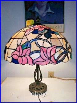 Vintage Dale Tiffany Stained Slag Glass Lamp Pink Lavender blue 24 x 20 HUGE