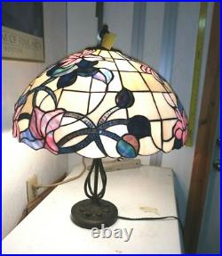 Vintage Dale Tiffany Stained Slag Glass Lamp Pink Lavender blue 24 x 20 HUGE