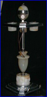 Vintage Deco Chrome Ash Stand Lamp Lighter Ashtray Mosaic Slag Glass Shades 29