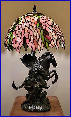 Vintage Deco Horseman with Nude Damsel Lamp with Tiffany Style Slag Glass Shade