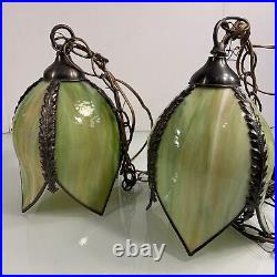 Vintage Double Slag Green Glass 4 Panel Tulip Lamp Hanging Light 11 To Finial