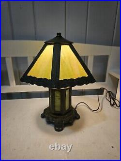 Vintage Early 20th Century Slag Glass Panel & Metal Double Lamp 14 Vintage Early 20th Century Slag Glass Panel & Metal Double Lamp 14