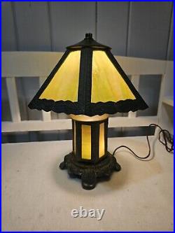 Vintage Early 20th Century Slag Glass Panel & Metal Double Lamp 14 Vintage Early 20th Century Slag Glass Panel & Metal Double Lamp 14