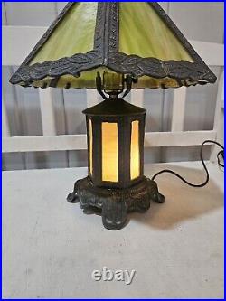 Vintage Early 20th Century Slag Glass Panel & Metal Double Lamp 14 Vintage Early 20th Century Slag Glass Panel & Metal Double Lamp 14