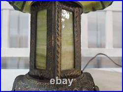 Vintage Early 20th Century Slag Glass Panel & Metal Double Lamp 14 Vintage Early 20th Century Slag Glass Panel & Metal Double Lamp 14