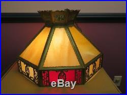 Vintage English Tudor Tiffany Style Slag Glass Hanging Lamp Light Fixture