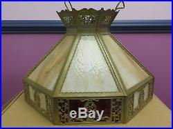 Vintage English Tudor Tiffany Style Slag Glass Hanging Lamp Light Fixture