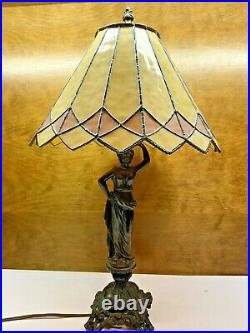 Vintage Figural Grecian Woman With Leaded Slag Glass Shade Table Lamp 22 Tall