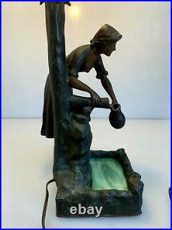 Vintage Figural Metal Woman at The Well Table Lamp Slag Glass Signed WaldBrunn