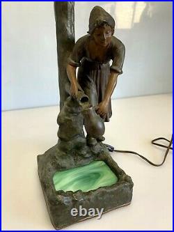 Vintage Figural Metal Woman at The Well Table Lamp Slag Glass Signed WaldBrunn